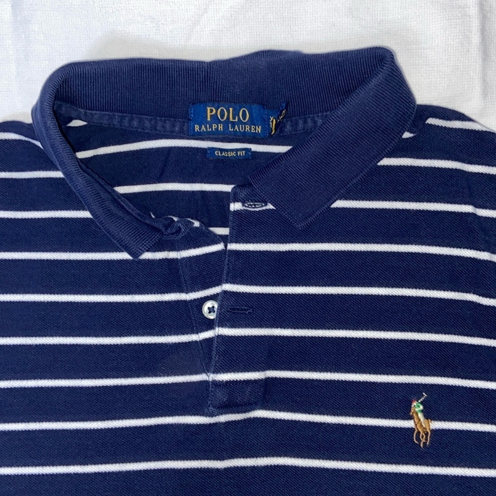 2/40$ Men’s Ralph‎ Lauren white & Navy blue striped knit cotton polo Sz XL - Picture 2 of 11